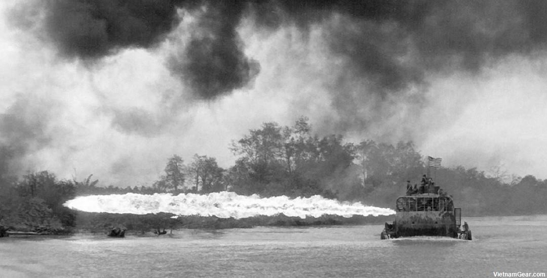 A flame-throwing Tango Boat unleashes its fire in the Mekong Delta
