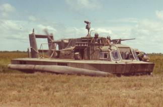 An Assault Air-Cushion Vehicle prepares to take part in Operation Bruong Cong Dinh at Dong Tam in South Vietnam's Mekong Delta.