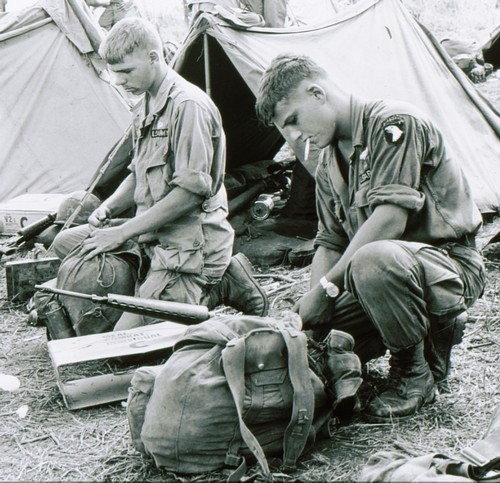 A member of the 2nd Battalion, 501st Infantry, 101st Airborne packs a Mountain Rucksack with its frame removed, in preparation for Operation Hawthorne.