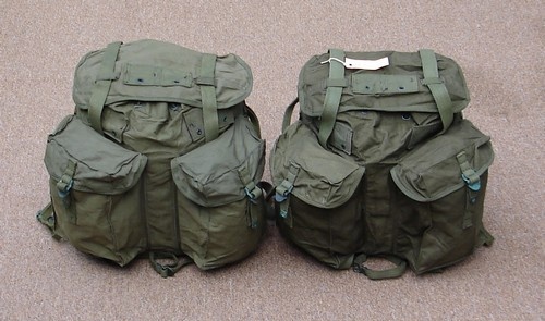 The left ARVN Rucksack's lighter color may be because it has been water repellent treated.