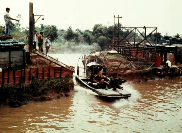A Hurricane Aircat enters the docking facility at Camp Boyd in the Mekong Delta.
