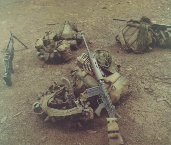 Field packs and rifles belonging to members of Co ‘B’, 2nd Royal Australian Regiment.