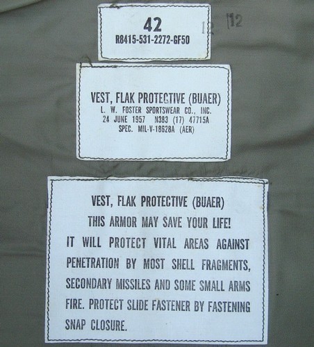 Size, Contract and Instruction labels from the BUAER Flak Vest.