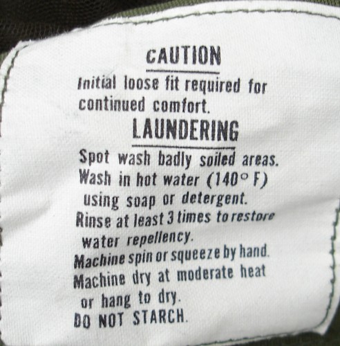 1969 dated OG-107 rip-stop poplin boonie laundering instructions label.