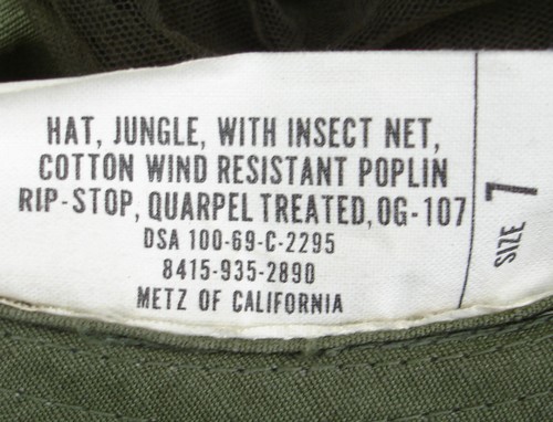 1969 dated OG-107 rip-stop poplin boonie nomenclature and size label.