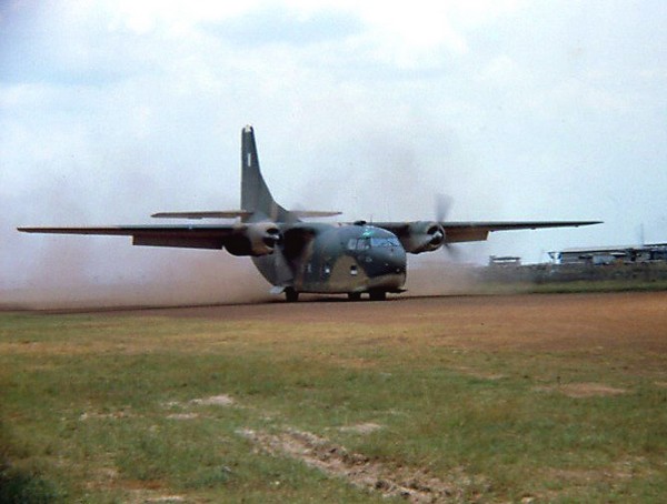 Air Force C-123 Provider landing at Boc Hoa near the Cambodian border.