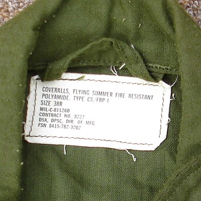Label inside the CS/FRP-1 Flying Coveralls.
