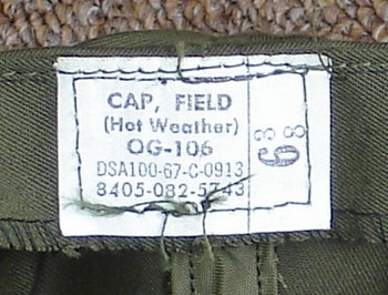 Size, Nomenclature, FSN and contract label inside the OG-106 Hot Weather Field Cap.