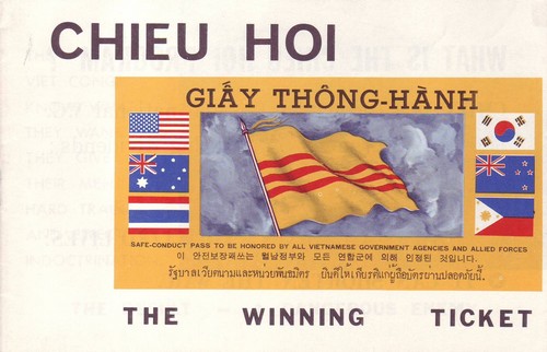 The front cover of MACV's 'Chieu Hoi: The Winning Ticket' pamphlet featured a picture of a 7-flag Safe Conduct Pass.