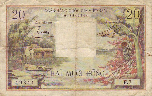 Front of a 20 South Vietnam Dong banknote.