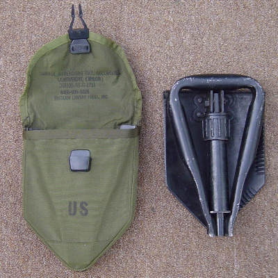 Lightweight folding intrenching tool with nylon M1967 carrier.