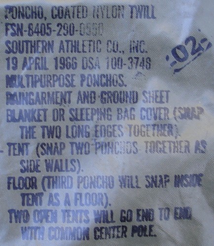 Nomenclature and instruction stamp from the standard 'Heavyweight' Poncho.