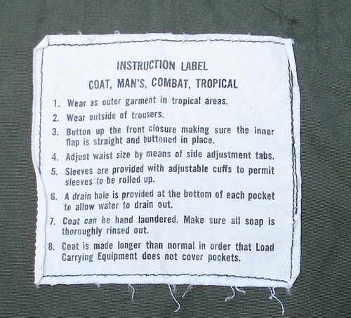 Instruction label from the 2nd pattern Tropical Combat Jacket.