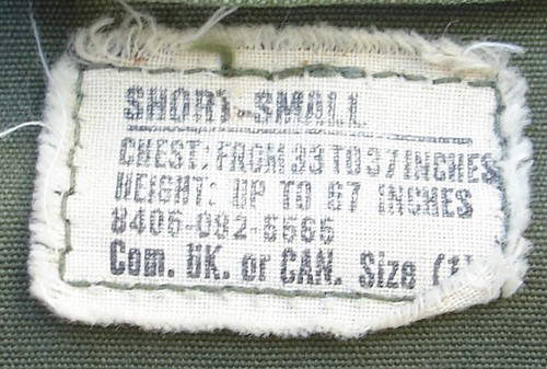 Size label from a first pattern Tropical Combat Jacket.