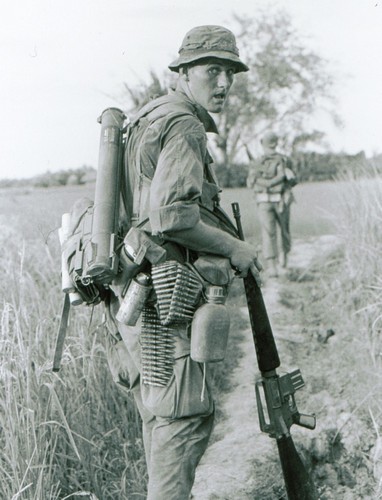 A rifleman of the 47th Infantry (Mechanised), 9th Infantry Division carries a LAW whilst on a three-day search and destroy mission.
