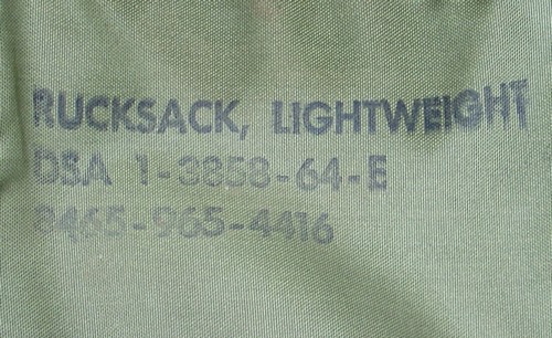 Nomenclature and contract information was stamped inside the pack of the 1964 Lightweight Rucksack.