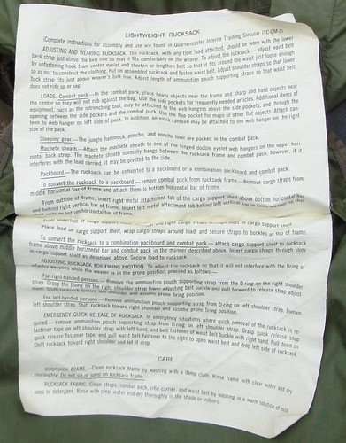 The 1964 model Lightweight Rucksack had an instruction sheet sewn into the pack flap pocket.