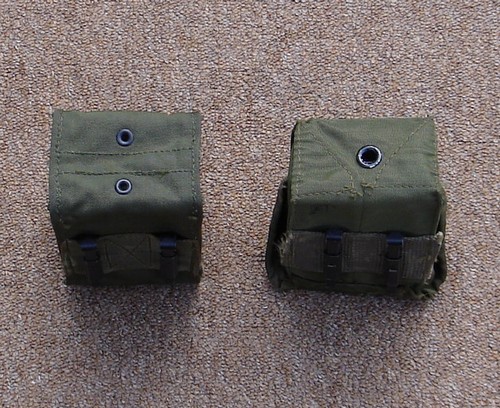 The experimental XM1964 nylon M-14V pouch (left) had two small drain holes, whereas the USMC M1967 M14 ammunition pocket (right) had a single large hole.