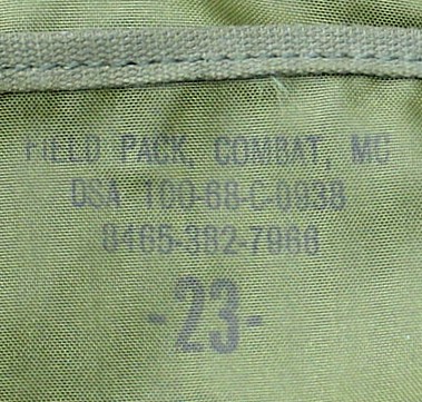 Nomenclature and contract stamp on the inside of the top flap of the 1968 nylon Marine Corps M1941 Haversack.