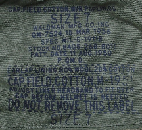 Nomenclature and contract stamp inside the M1951 Field Cap.