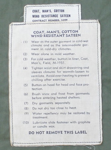 M1951 Field Coat contract and instruction labels.