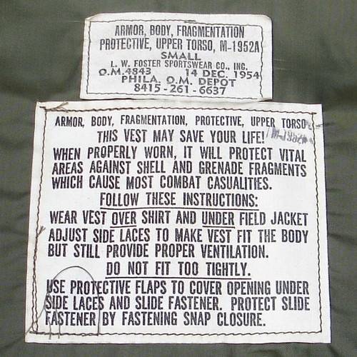 Nomenclature / contract and instructions label from the M1952A body armor
