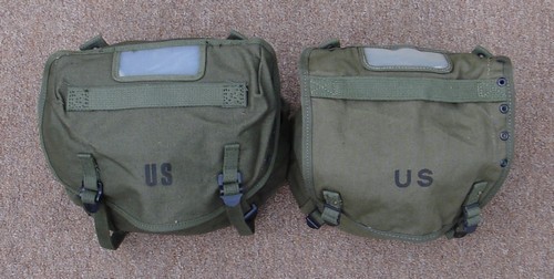 The M1961 butt pack (left) had a more rounded flap design than the early M1956 model (right).