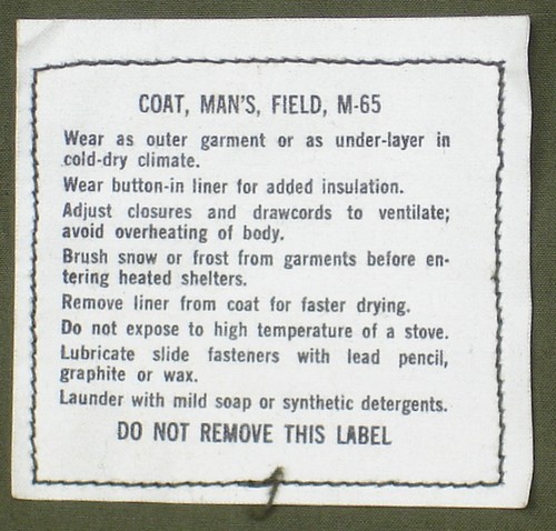 Instruction label from inside the M1965 Field Coat.