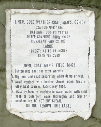 Label inside the M1965 Field Coat Liner.