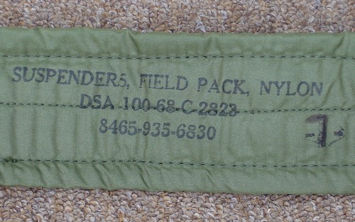Nomenclature / Contract / FSN stamp onthe underside of the padded shoulder section of the M1967 Suspenders.