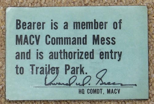 Rear of the wallet sized MACV Officers' Mess pass