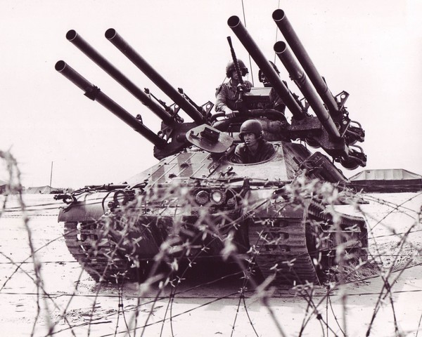 The Marine Corps crew of an ONTOS keep a constant watch on 'no-man’s land' during Operation Mobile in the Chu Lai area of South Vietnam.