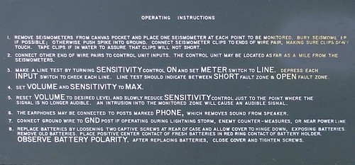 Operating instructions for the AN/PSR-1A Intrusion Detecting Set were located inside the flap of control unit.