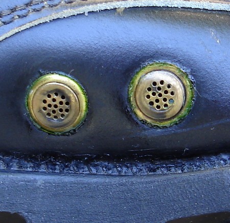 The brass drainage eyelets of the spike protective DMS Panama outsole boots were set flush to the leather of the inside arch.