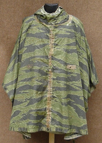 Measuring 82 x 60 inches, the small size experimental Tiger Stripe lightweight poncho was designed for ARVN forces.