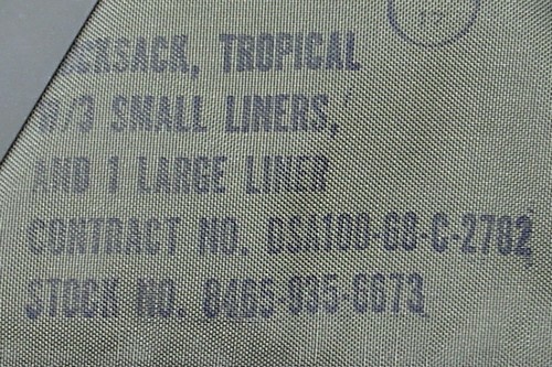 Nomenclature and contract stamp on the Tropical Rucksack.