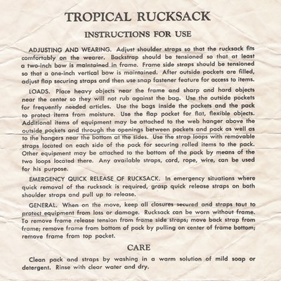 The Tropical Rucksack Instruction Sheet was placed in the top map pocket.