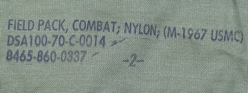 Nomenclature stamp on the inside of the top flap of the Marine Corps M-1967 combat field pack.