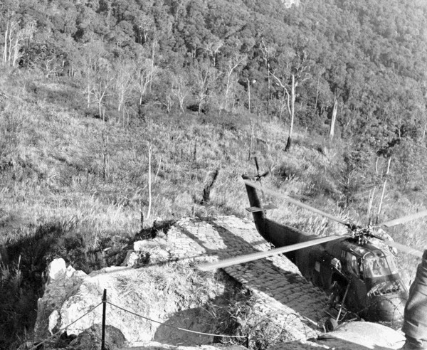 A Sikorsky H-34 helicopter at the mountain top Leghorn radio relay site in southern Laos.