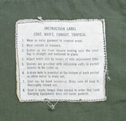 Instruction label from a 2nd pattern variant Tropical Combat Jacket.