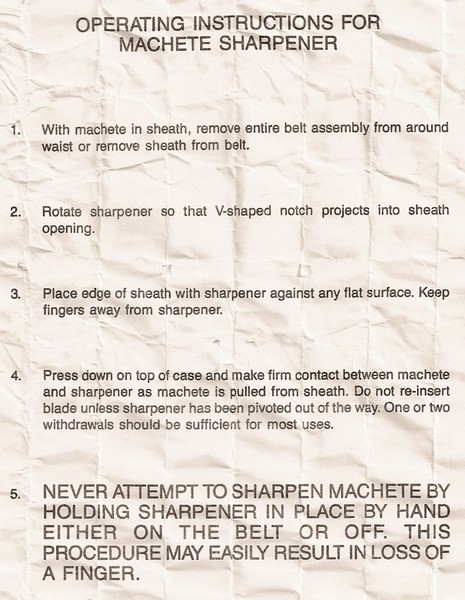 The plastic machete sheath was supplied with instructions on how to use built-in sharpener.