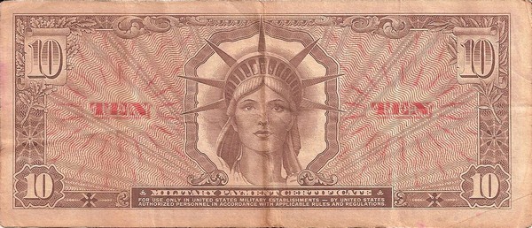 Back of the 641 series 10 Dollar Military Payment Certficate.