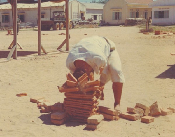 Sergeant Lee Yong Bok, an instructor with the Korean Capital (Tiger) Division, breaks 15 bricks with his forehead during a Tae Kwon Do demonstration.