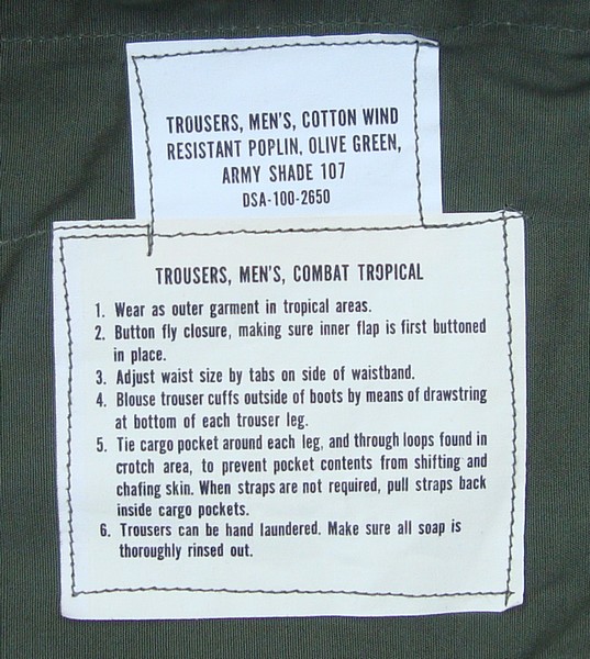 3rd pattern Tropical Combat Trousers instruction and contract label.