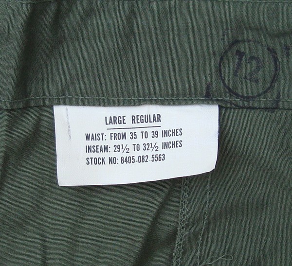 3rd pattern Tropical Combat Trousers size label with waist size, inseam and FSN number.