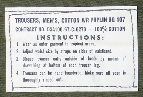 4th pattern Tropical Combat Trousers instruction and contract label.