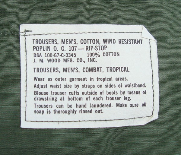 5th pattern Tropical Combat Trousers instruction and contract label.