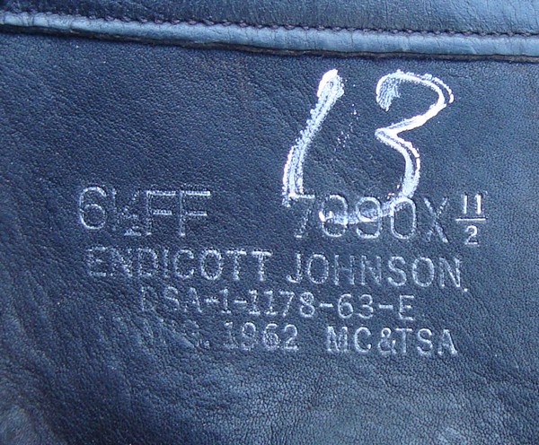 The manufacturer, date and contract details were stamped inside the USMC M1951 boot.