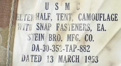 The label of the Mitchell Pattern Shelter Half provided nomenclature, contract and date information.
